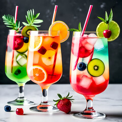 Watercolor illustration of colorful cocktails with fruit and ice cubes in glasses