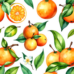 watercolor oranges with leaves and flowers on a white background, vector illustration