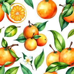 Obraz premium watercolor oranges with leaves and flowers on a white background, vector illustration