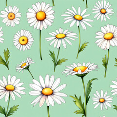 watercolor illustration set of daisies with a green background
