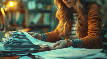 Focused Young Woman Sorting Through Large Stack of Documents in a Cozy Home Office Setting