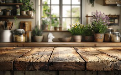 Wooden texture table top on blurred kitchen window background. Studio photo for product display or design key visual layout. For showcase or montage your items (or foods). Mock up. Generative AI