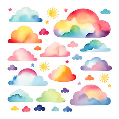 watercolor rainbow with clouds clipart, white background, cute and dreamy