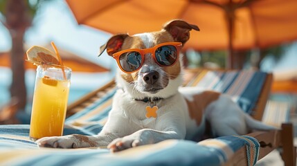 A happy dog in sunglasses lies on a sunbed under an umbrella on a sandy beach by the sea. - Powered by Adobe