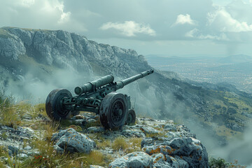 Obraz premium Heavy artillery cannon positioned on a fortified hill, its barrel trained on distant targets with pinpoint accuracy. Concept of artillery bombardment and strategic firepower. Generative Ai.