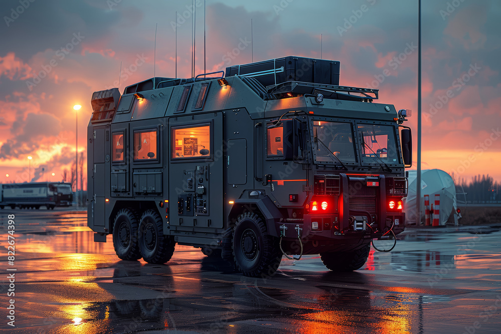 Poster mobile command center coordinating battlefield operations with real-time intelligence and communicat