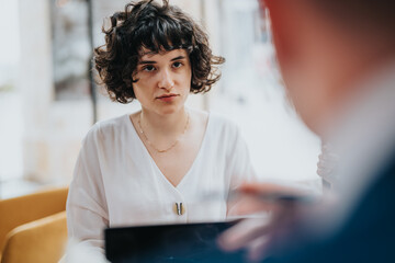 Businesswoman attentively listening to a colleague during a meeting in a stylish, modern coffee bar...