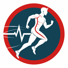 Silhouette of a man in running, joints pain with cardiogram. The joints are highlighted in a red circle. Vector image. logo. Circle logo