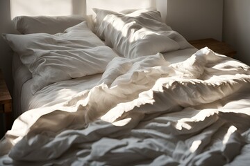 Unmade Bed with Morning Light, Cozy unmade bed with white linens, soft morning light, peaceful bedroom scene, inviting atmosphere, serene retreat, comfortable bedding