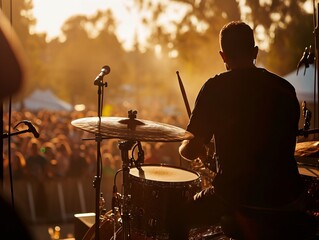 Musician playing drums on stage during music festival