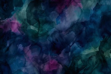 : An ethereal abstract background featuring dark watercolors in midnight blue, deep magenta, and forest green, blending in fluid, organic patterns that suggest an enchanted forest at night.