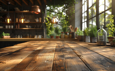 Wooden texture table top on blurred kitchen window background. Studio photo for product display or design key visual layout. For showcase or montage your items (or foods). Mock up. Generative AI