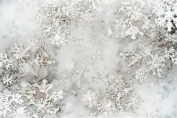 : An ethereal background of white and light grey tones, with intricate snowflake-like patterns, evoking a sense of winter's purity and elegance.