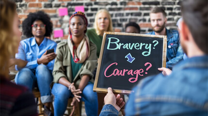 Group Discussion on Bravery and Courage in a Rustic Workshop Setting