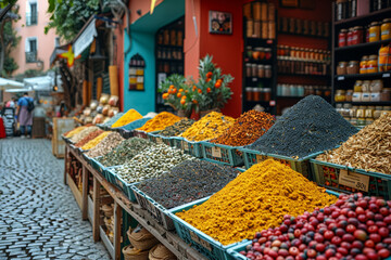 Fototapeta premium A bustling street market lined with vendors selling exotic tea blends from around the world, each one promising a unique sensory experience. Concept of diversity and cultural exchange. Generative Ai.