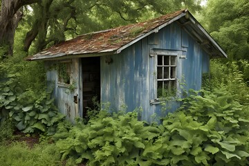 Abandoned blue shack in lush forest, overgrown foliage, rustic charm, vintage cottage, serene woodland scene, weathered wood, tranquil nature