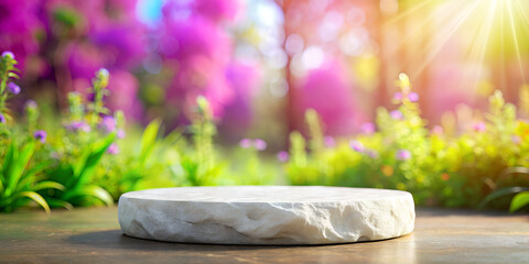 Stone podium display with white rock and blur nature background