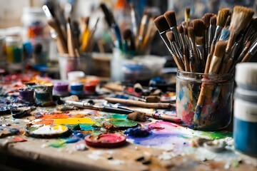 Fototapeta premium Artist's workspace with paintbrushes and colorful palette, creative studio, vibrant colors, artistic tools, messy desk, inspiration, art supplies