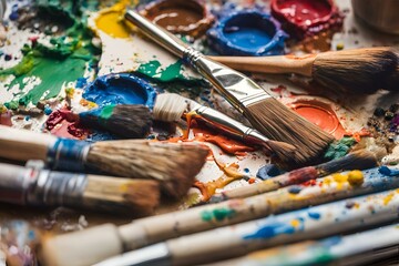 Artist's workspace with paintbrushes and colorful palette, creative studio, vibrant colors, artistic tools, messy desk, inspiration, art supplies