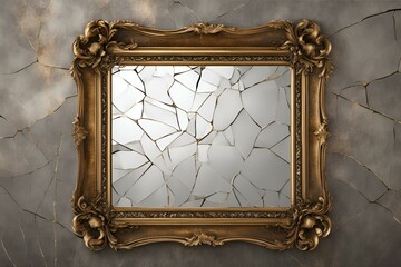 Antique mirror with cracked glass, ornate gold frame, vintage decor, distressed elegance, historical artifact, rustic charm, aged aesthetic