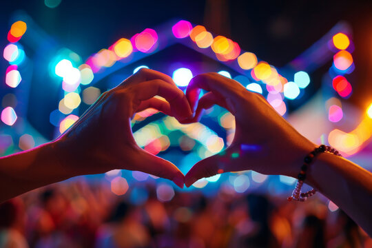 Silhouetted hands forming a heart shape against a vibrant concert backdrop with colorful stage lights and excited crowd atmosphere