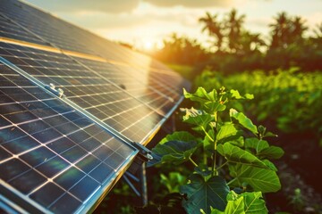 Solar panels harnessing sunlight for clean energy on a bright sunny day with clear blue sky