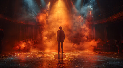 Realistic Actor on Empty Stage with Spotlight and Suit