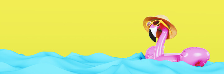 Pink flamingo wearing sunglasses and hat on blue sea water. 3D Rendering, 3D Illustration	
