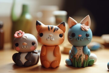 Trio of colorful, cute cat statuettes with flower decorations on a wooden table