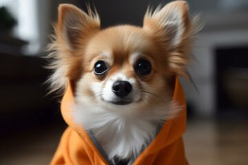 Close-up of a cute chihuahua dog dressed in a fashionable orange hoodie, looking at the camera