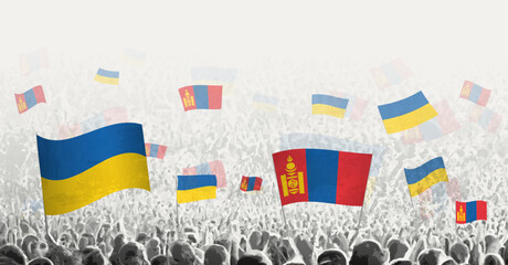 People waving flag of Mongolia and Ukraine, symbolizing Mongolia solidarity for Ukraine.