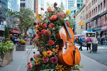 giant cello musical instrument decorated with flowers in the street of a downtown city. creative music concert poster. 