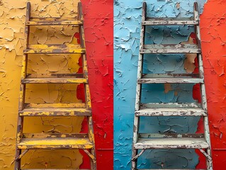 Two weathered ladders lean against a brightly colored wall, creating a visual contrast of age and vibrancy.