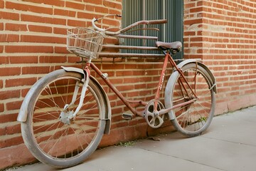 Vintage bicycle against red brick wall, rustic charm, old-fashioned bike, weathered texture, urban scene, nostalgic feel, retro decor, classic design