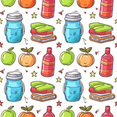 Back to school supplies and snacks, seamless wallpaper tile close-up, education concept