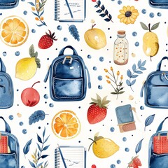 Back to school supplies. book, backpack, notebook, seamless pattern - educational stationery