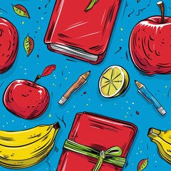 School supplies such as pencil, pen, notebook and apples, seamless pattern, back to school concept