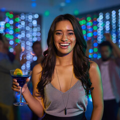 Clubbing, drink and portrait of woman at party for celebration, disco or nightlife event. Alcohol,...