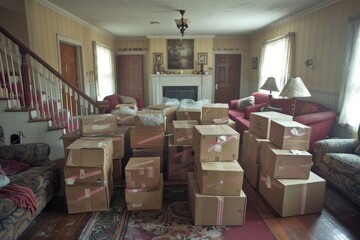 Sunlit Room with Stack of Cardboard Boxes for Moving Day