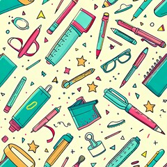 School supplies such as pencil, pen, pencil case, glasses, seamless pattern, back to school concept