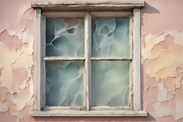 Close-up of old window with peeling paint, vintage aesthetic, weathered glass, rustic charm, shabby chic decor, textured surface, nostalgic feel
