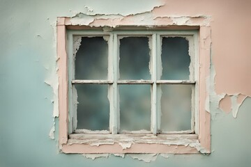 Obraz premium Close-up of old window with peeling paint, vintage aesthetic, weathered glass, rustic charm, shabby chic decor, textured surface, nostalgic feel