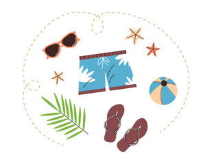 Men beach items. Male clothing. Swimming trunks, ball, sunglasses, beach flip-flops. Summer clothes for beach holiday. Flat vector illustration isolated on white background.