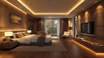Modern bedrooms feature stunning lighting that accentuates the modern design. Soft ambient light creates a warm and inviting atmosphere. It adds to the contemporary elegance of the room.