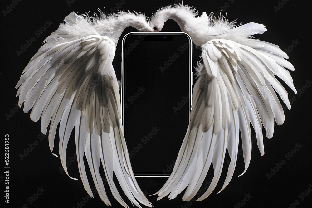 Wall mural Two elegant feathered wings curling around an empty mobile screen, set against a pitch-black background. - Wall murals