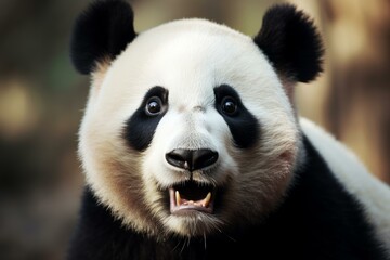 Fototapeta premium Detailed image capturing the captivating gaze of a giant panda with its mouth slightly open
