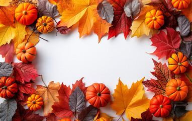 The bright red, yellow and orange maple leaves with the small miniature orange pumpkins on a solid white isolated background 