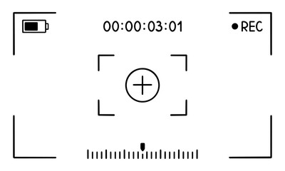 Camera viewfinder interface in doodle sketch style. Video frame, recording screen, digital display, photo camera border. Hand drawn vector illustration isolated on white background