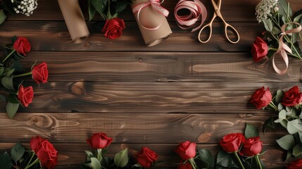 Photo top view, wooden table with red roses and ribbon. A romantic and elegant atmosphere with a place for text