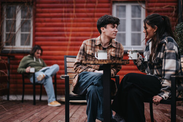 A young couple shares a moment over cups of coffee on a wooden porch, with a relaxed ambience and a person reading in the background.